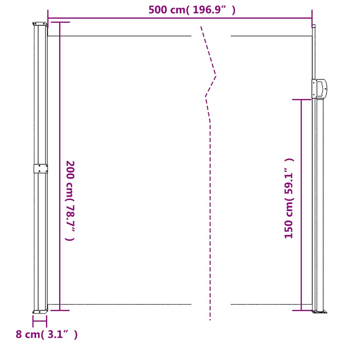 Dimensioni di una tenda da sole retrattile: 500 cm di larghezza, 200 cm di altezza, 8 cm di profondità.