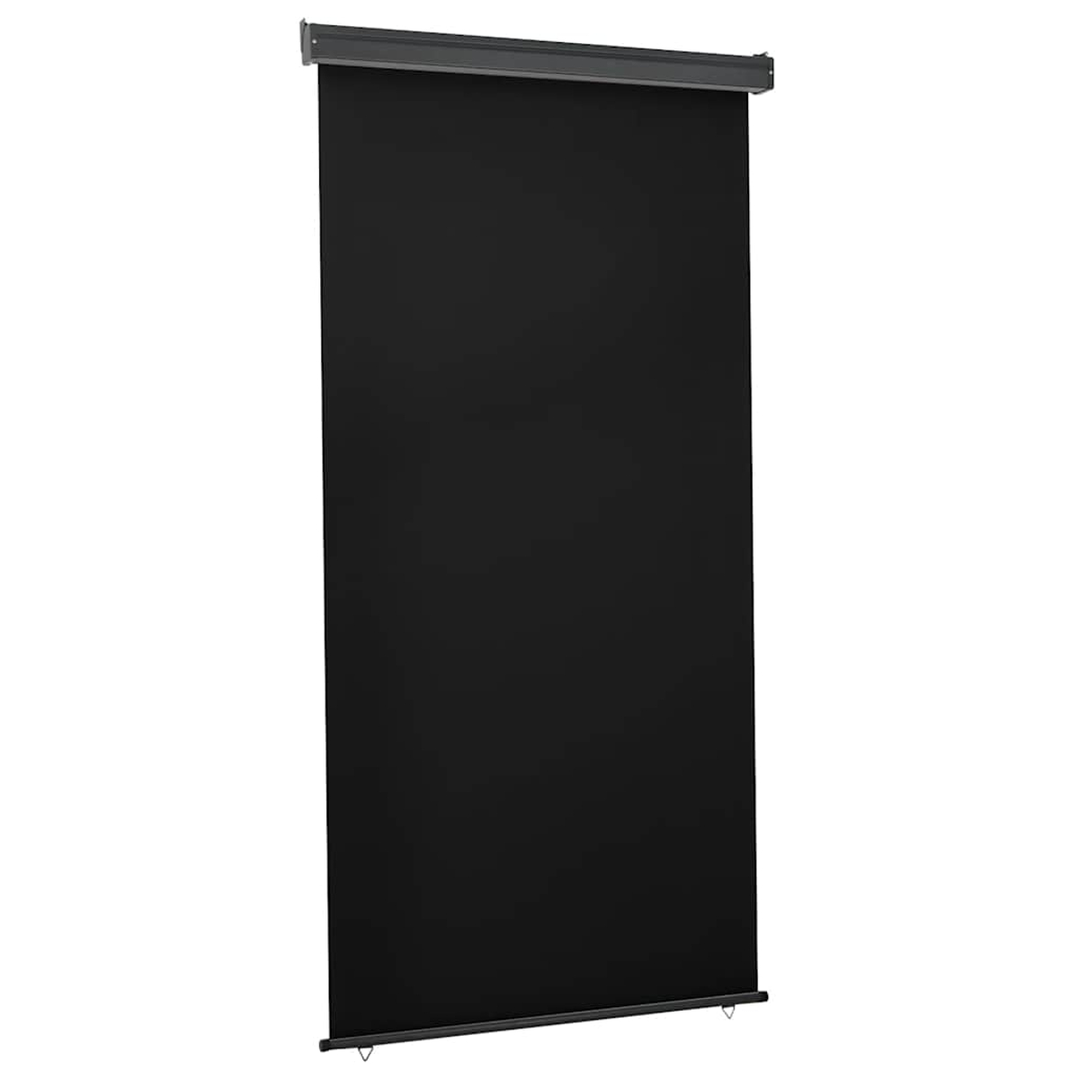 Uno schermo a rullo nero appeso a una staffa grigia su sfondo bianco.