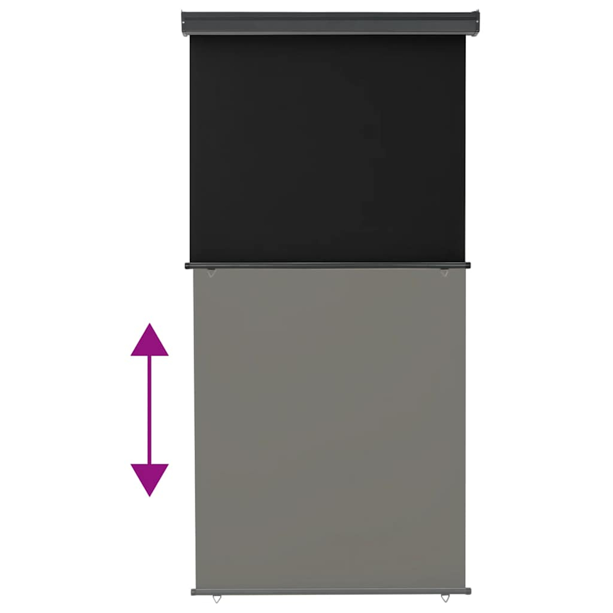 Schermo avvolgibile con tessuto nero e grigio. Frecce indicano regolazione altezza.