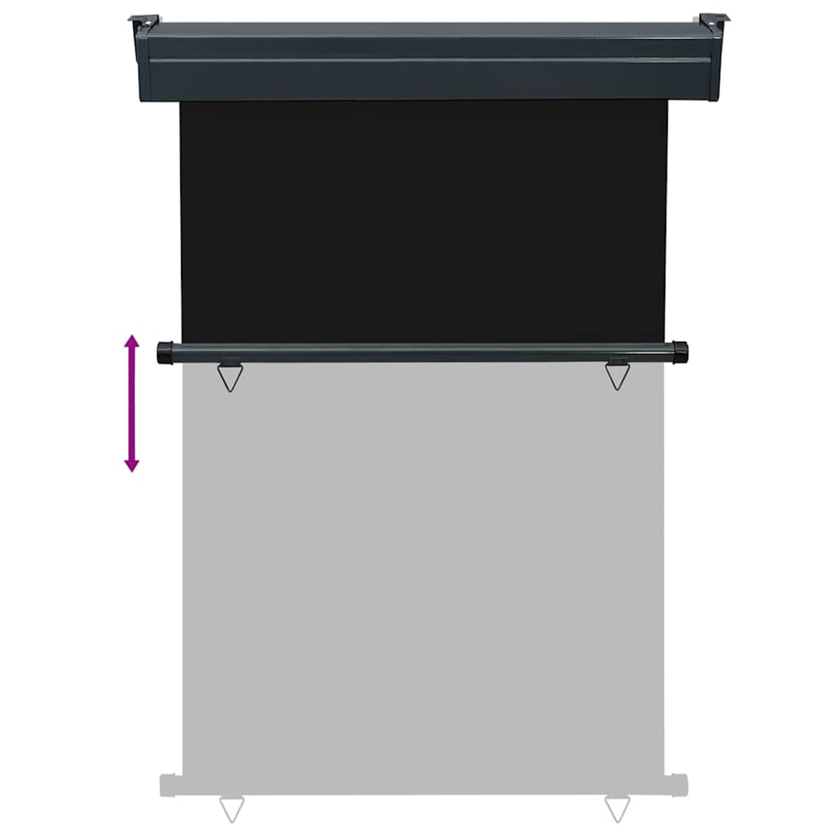 Una tenda da sole retrattile con tessuto nero e rullo grigio.