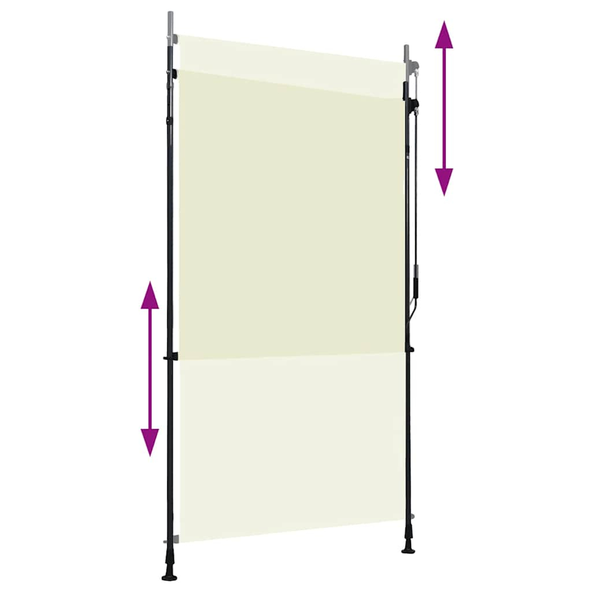Una tenda da sole color crema con due pali e frecce che indicano movimento su e giù.