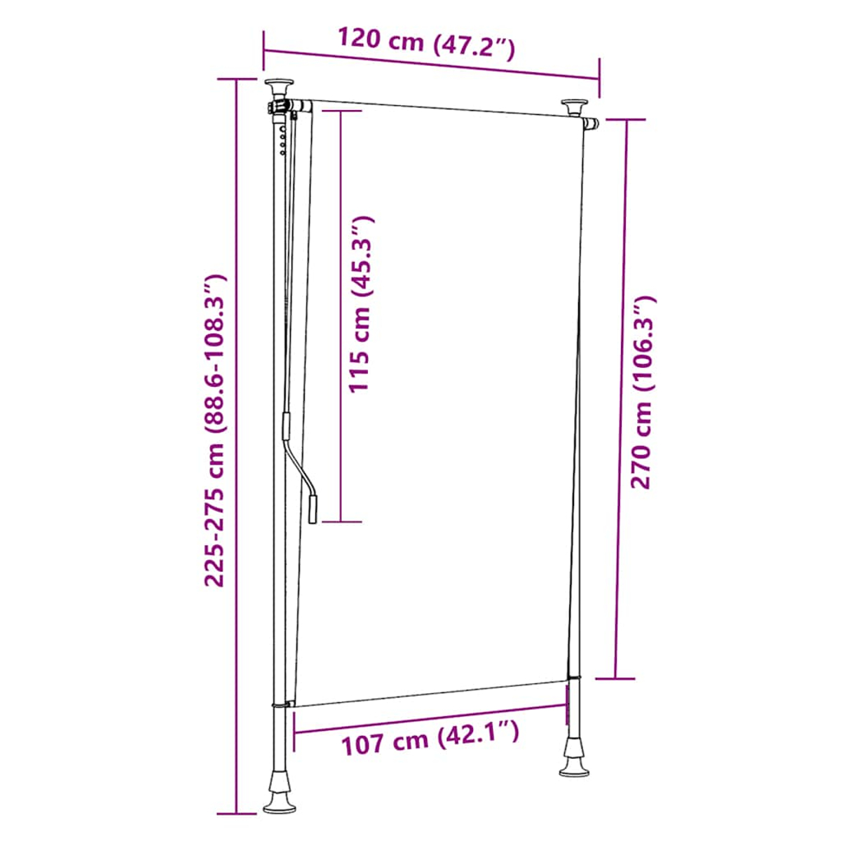 Una tenda da sole retrattile con dimensioni: larghezza 120cm, altezza 270cm, profondità 107cm.