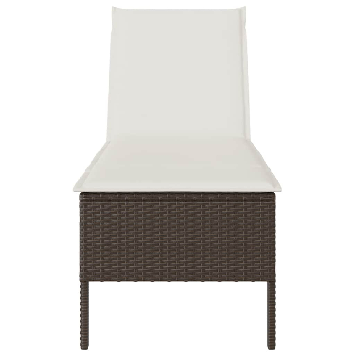 Dunkelbraune Rattan-Liege mit weißem Kissen, von vorne gesehen.