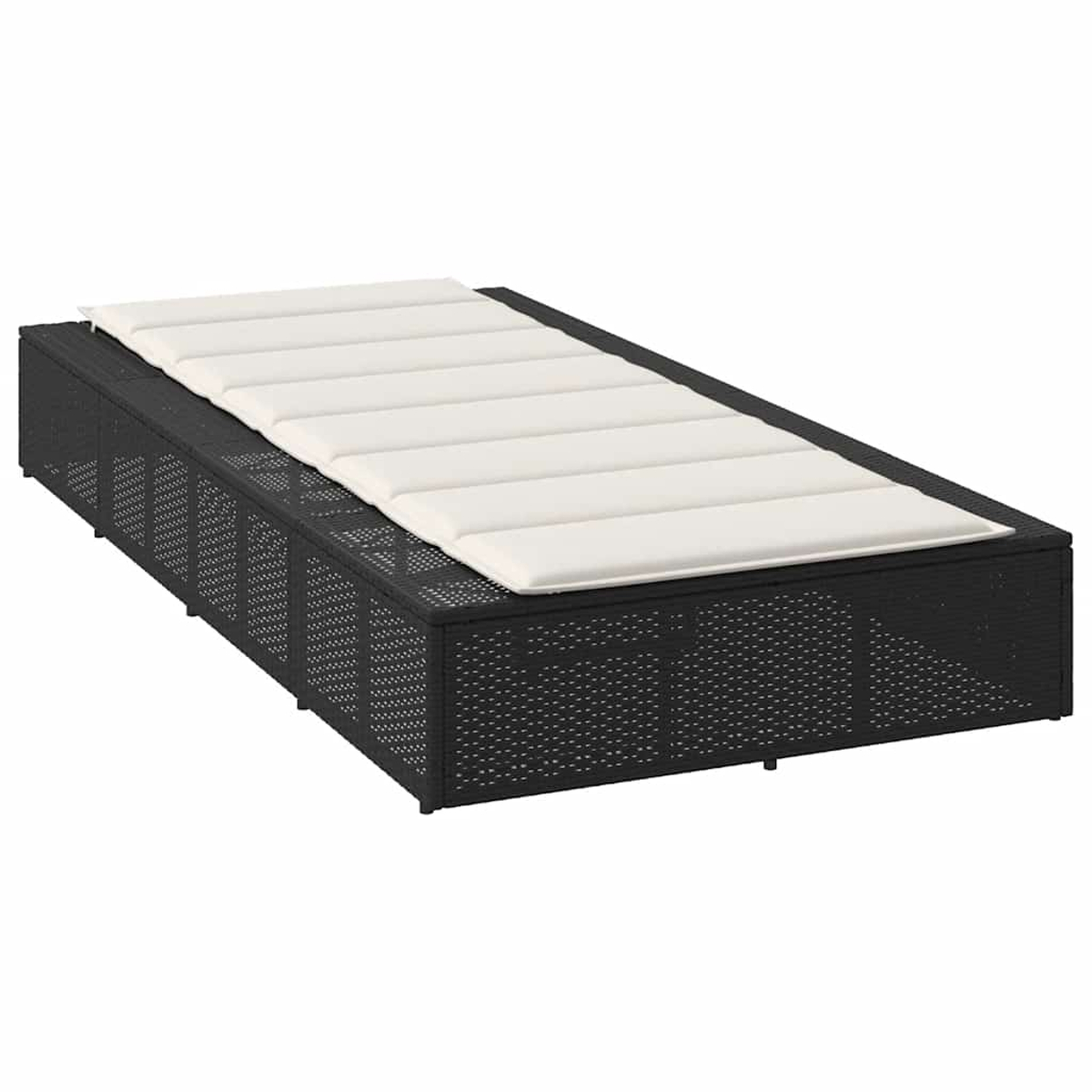 Un divano in rattan nero con un materasso bianco.
