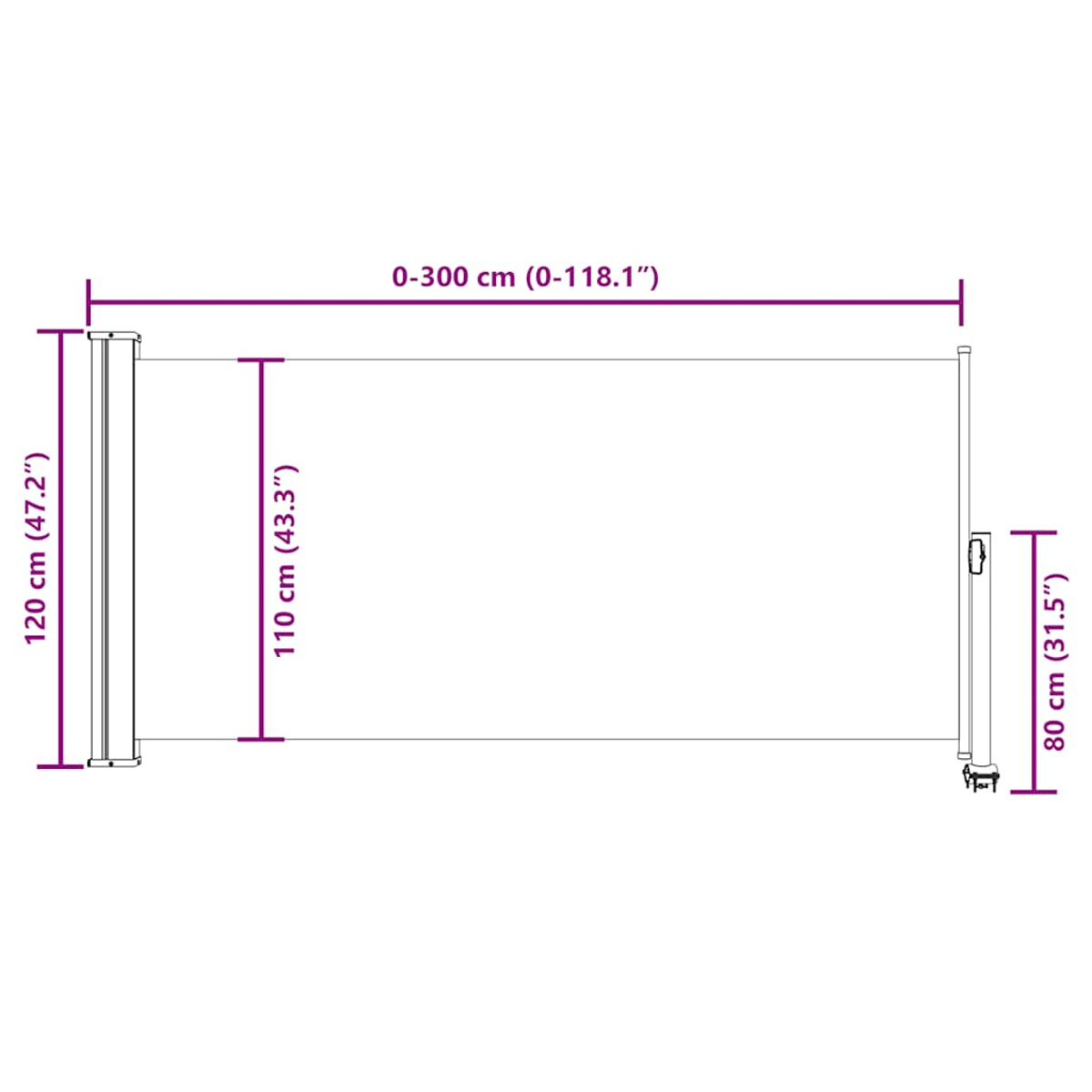 Tendalino retrattile che mostra dimensioni 300 cm lunghezza, 120 cm altezza.