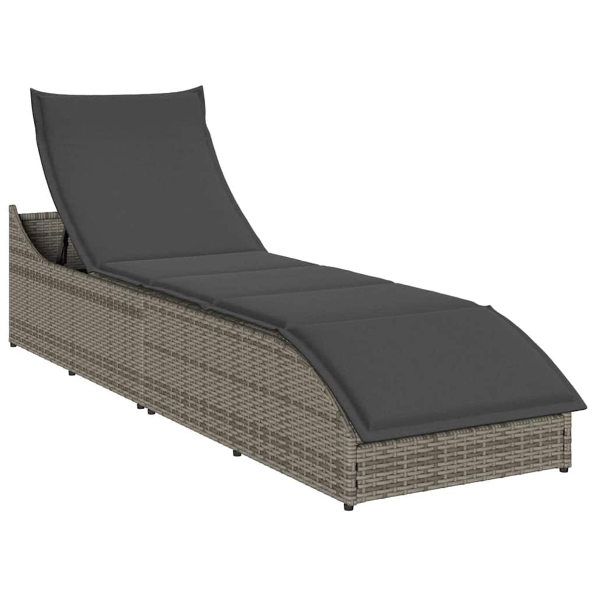 Lettino prendisole in rattan grigio con schienale regolabile.