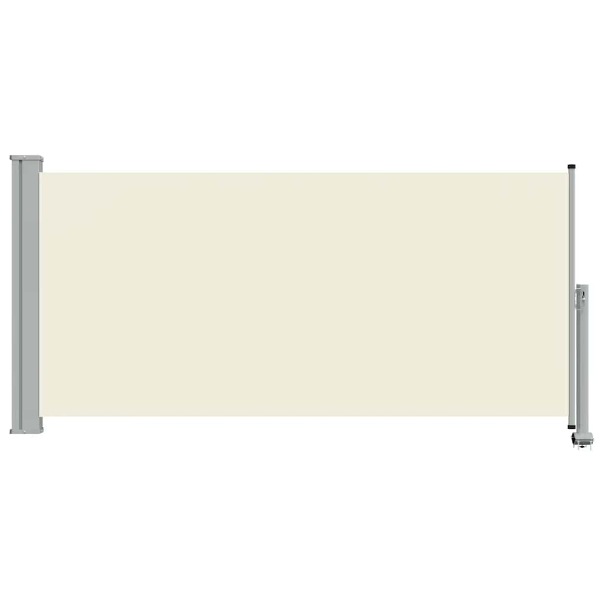 Una tenda da sole avvolgibile color crema con telaio argentato, isolata.