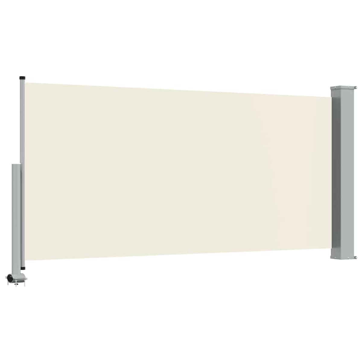 Una tenda da sole retrattile con tessuto color crema e pali argentati.