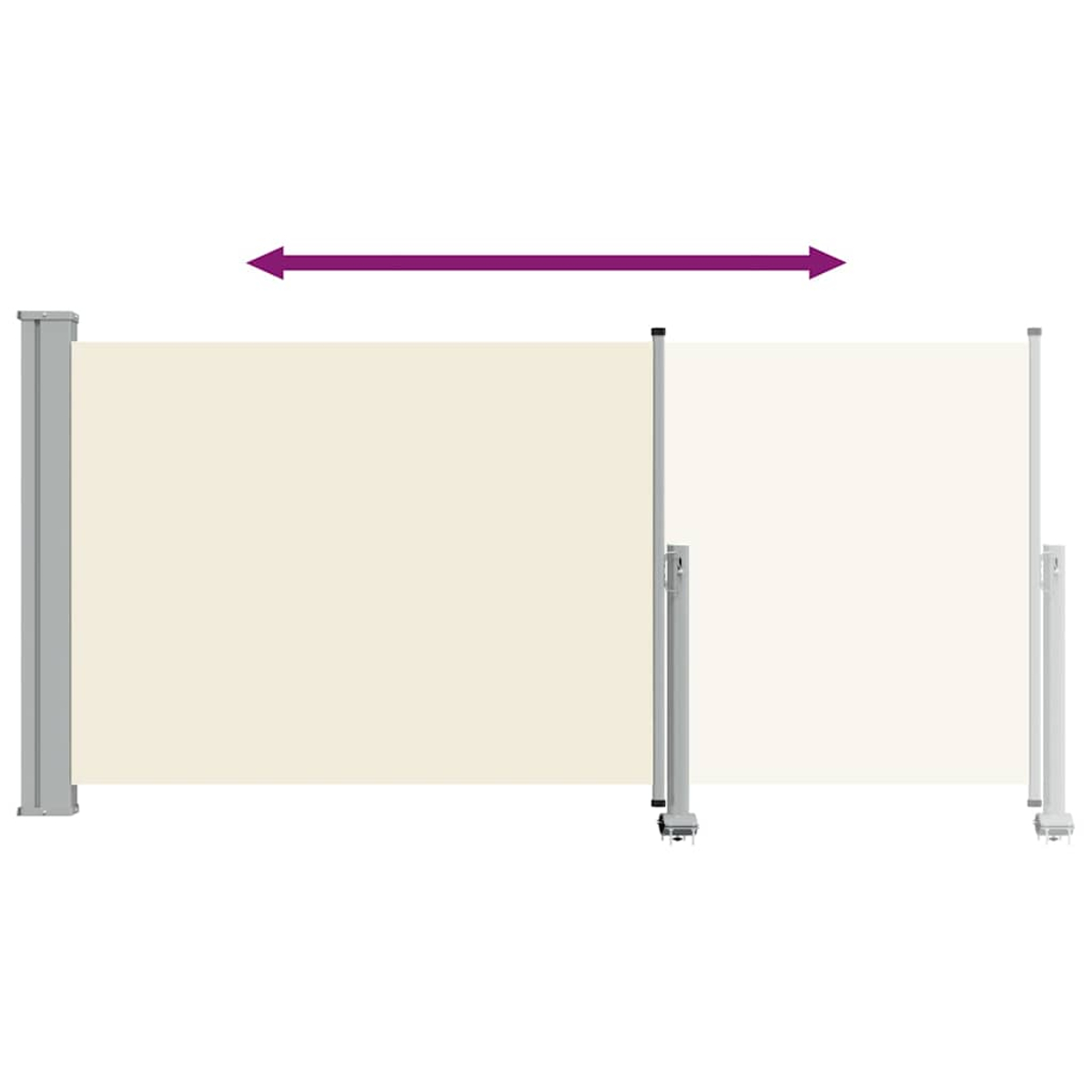 Una tenda da sole retrattile color crema con due pali e una freccia.