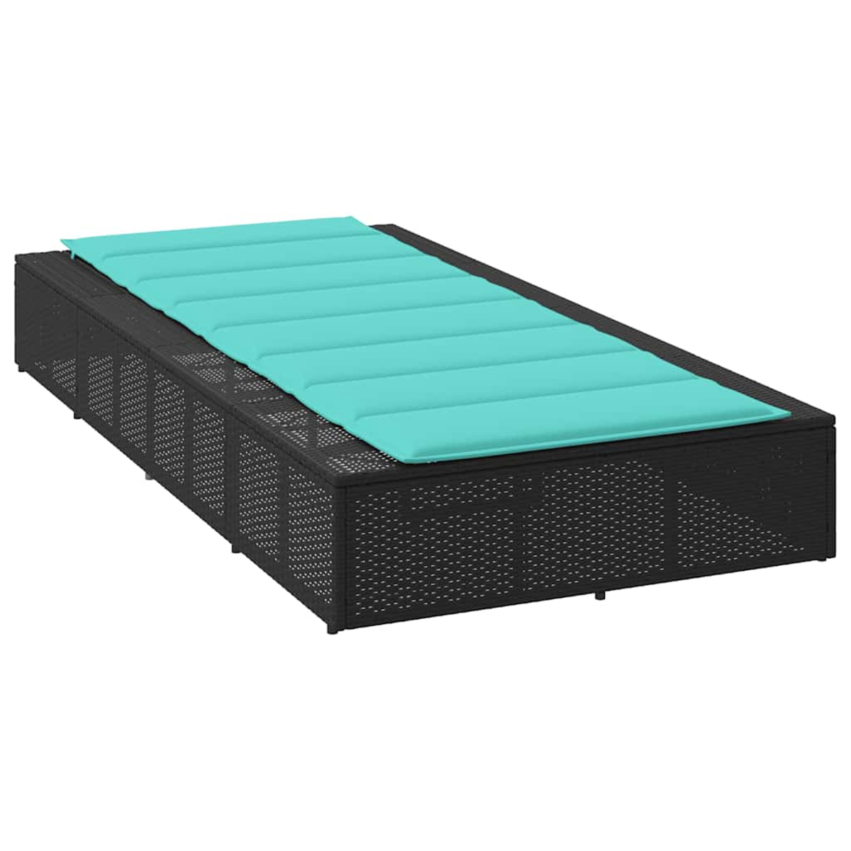 Lettino in rattan nero con cuscino turchese, su sfondo bianco.
