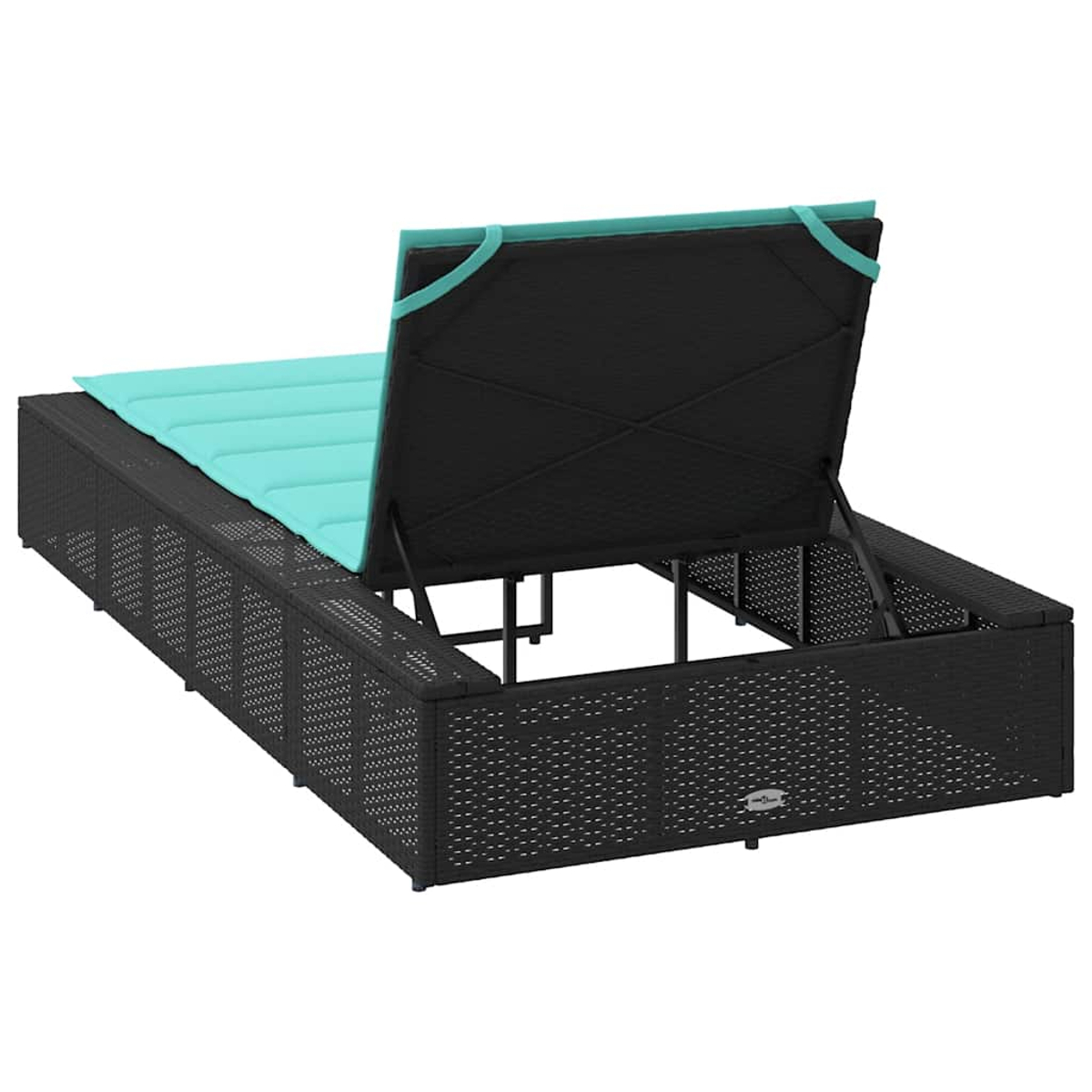 Lettino in rattan nero con coperchio aperto, cuscino turchese.