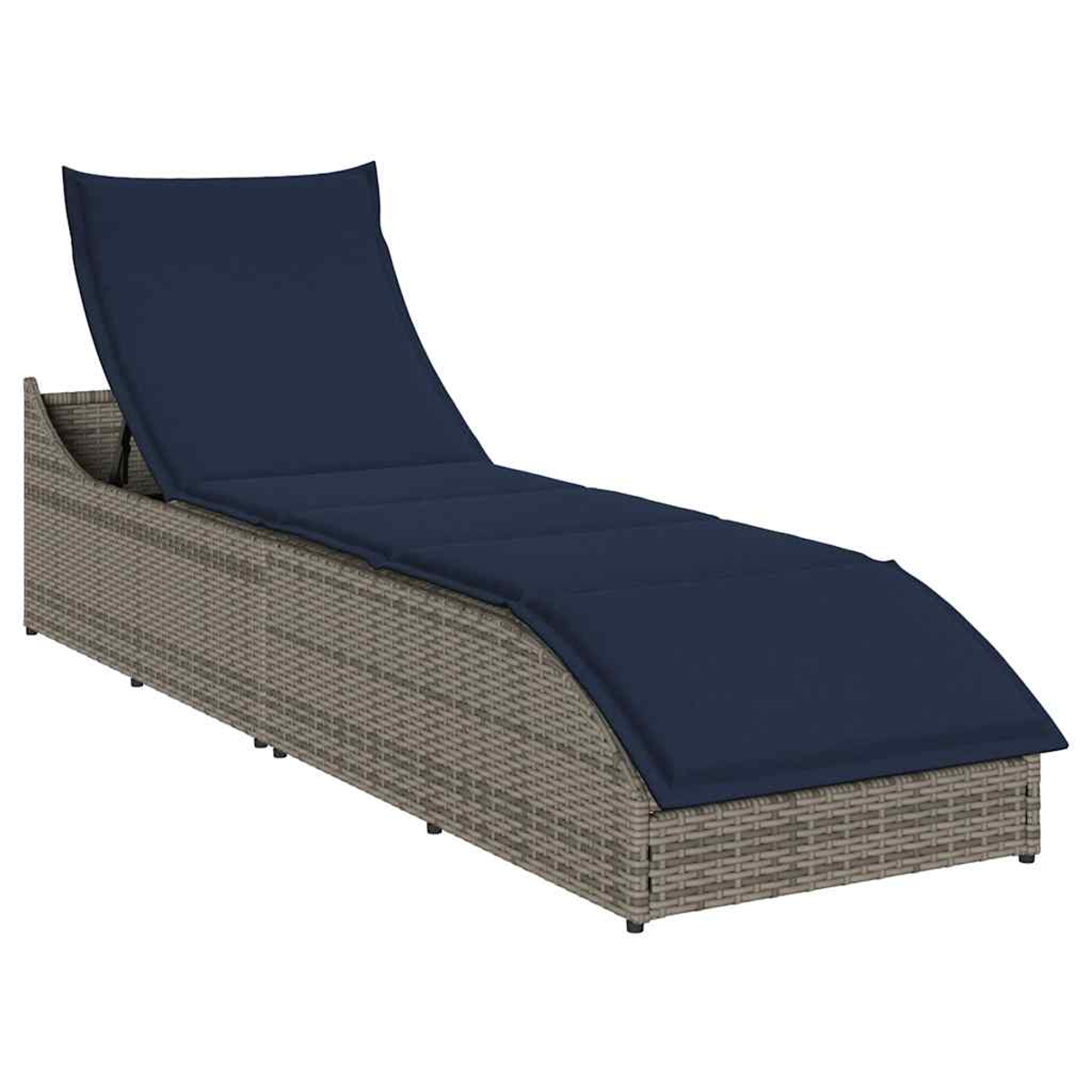 Sdraio in rattan grigio con cuscino blu scuro e schienale regolabile.