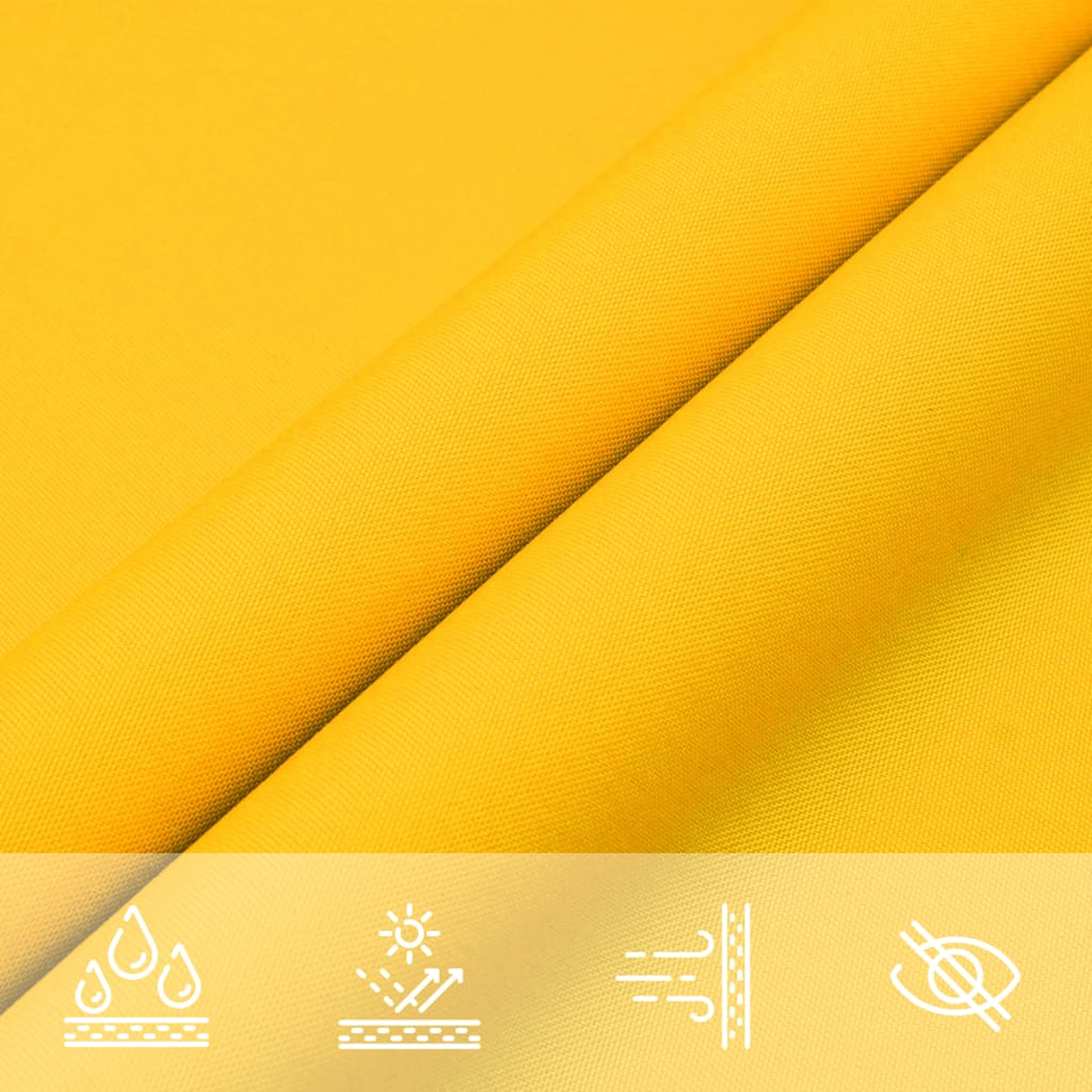 Tessuto giallo con icone per idrorepellenza, protezione solare, resistenza al vento.