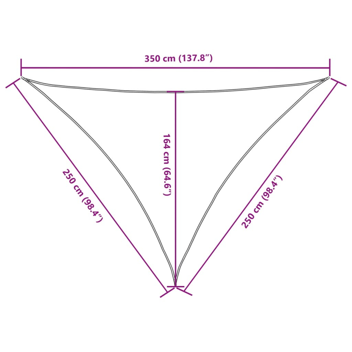 Diagramm zeigt ein dreieckiges Sonnensegel mit Maßen: 350cm Breite, 164cm Höhe, 250cm Seiten.