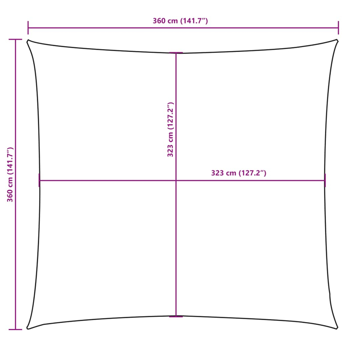 Una planimetria di una vela parasole con dimensioni 360x360 cm e 323x323 cm.