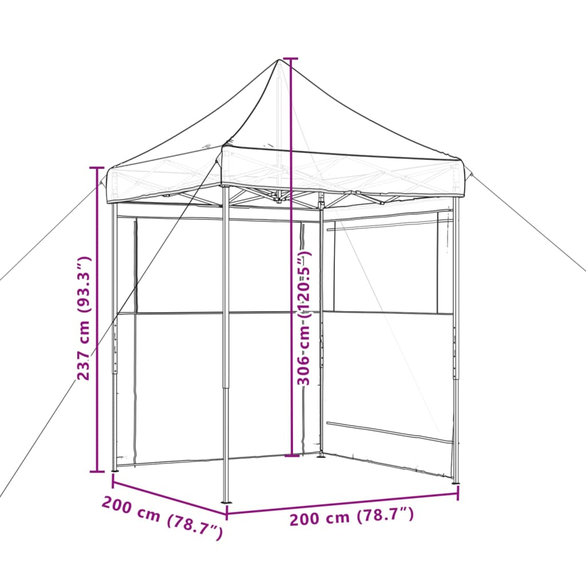 Una tenda bianca con telaio in acciaio, base 200x200 cm, altezza 237 cm.