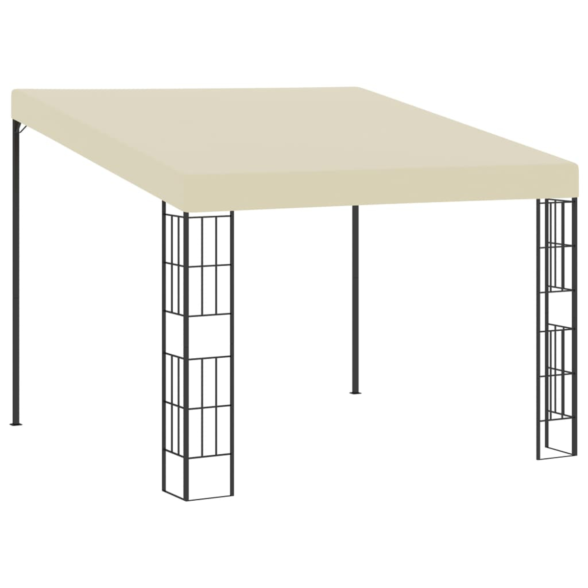 Ein cremefarbener Pavillon mit schwarzem Metallrahmen und dekorativen Gitterpaneelen.