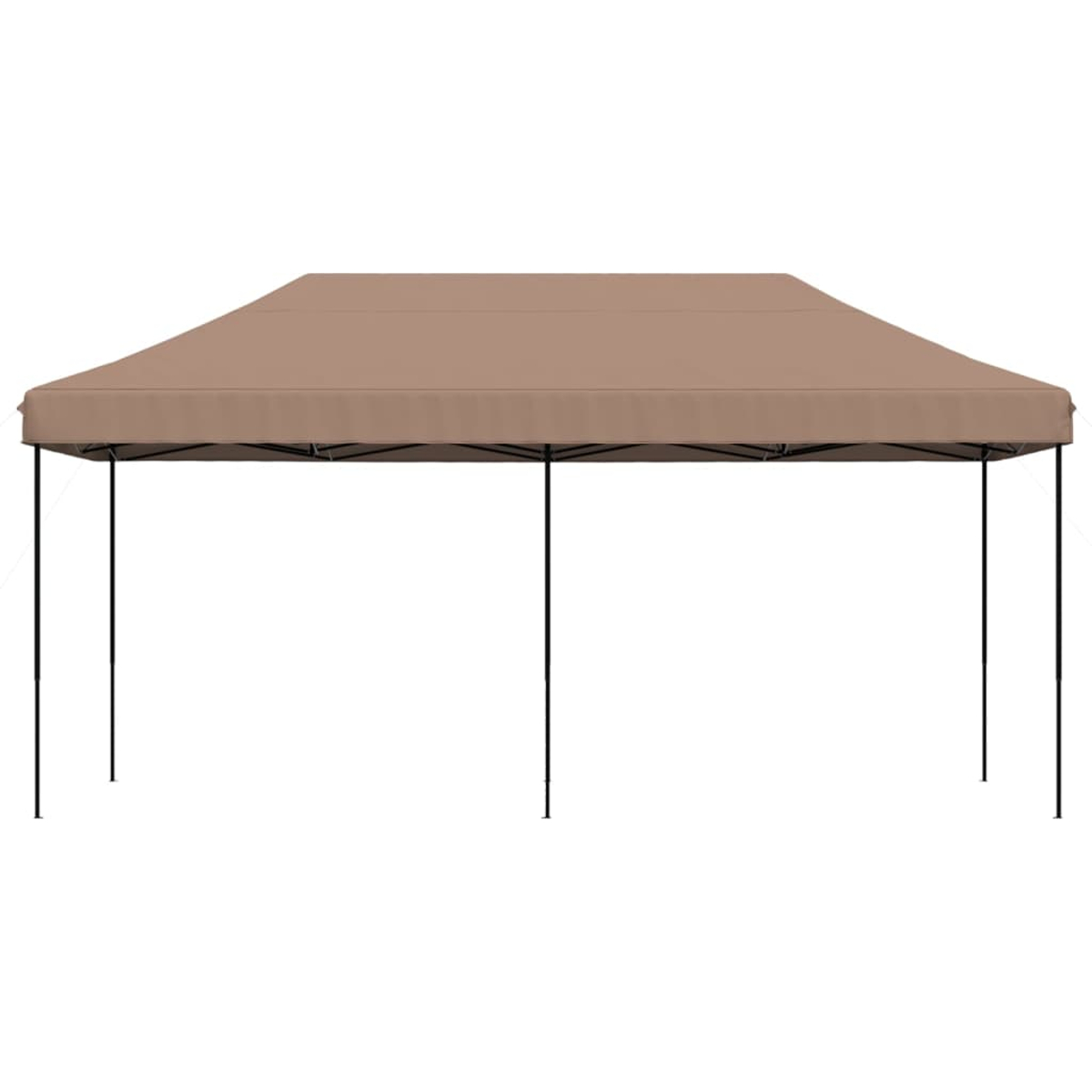 Una tenda a baldacchino marrone con gambe nere su sfondo bianco.