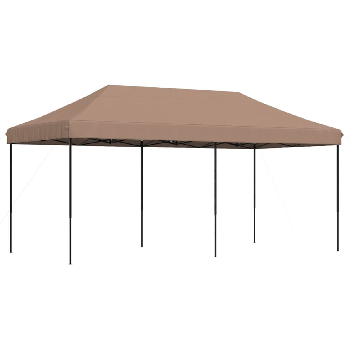 Una tenda a baldacchino color cachi con gambe nere su sfondo bianco.