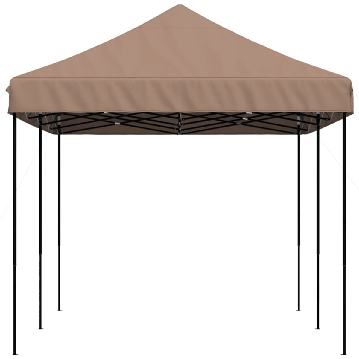 Una tenda pop-up color camoscio con telaio in metallo nero e quattro gambe.