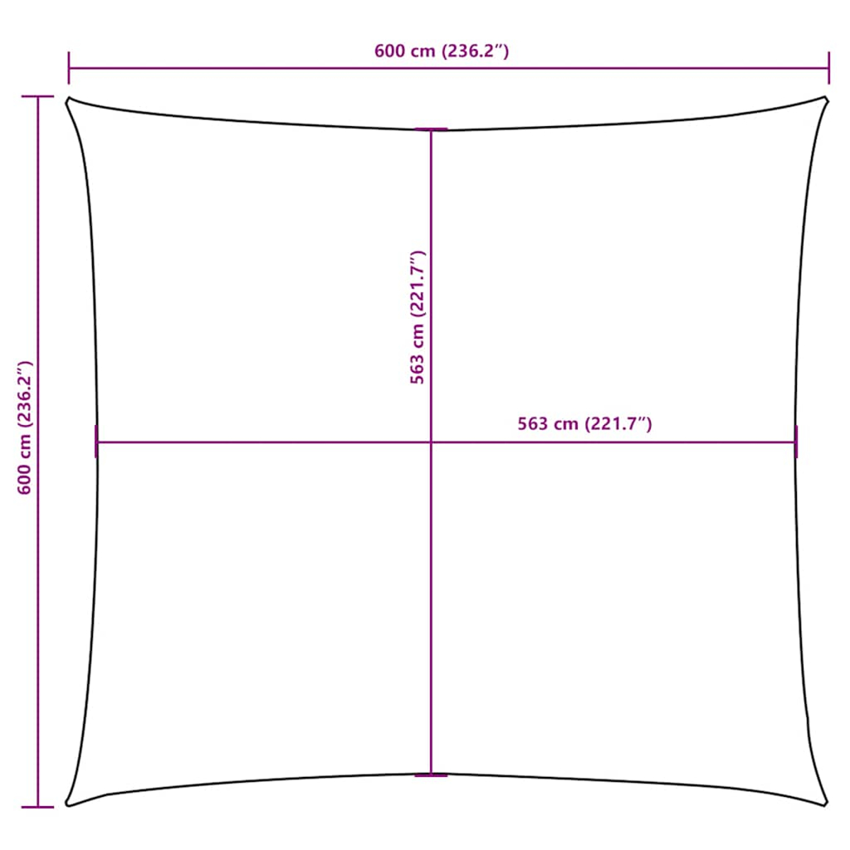Telo parasole rettangolare con dimensioni: 600x600 cm e 563x563 cm.