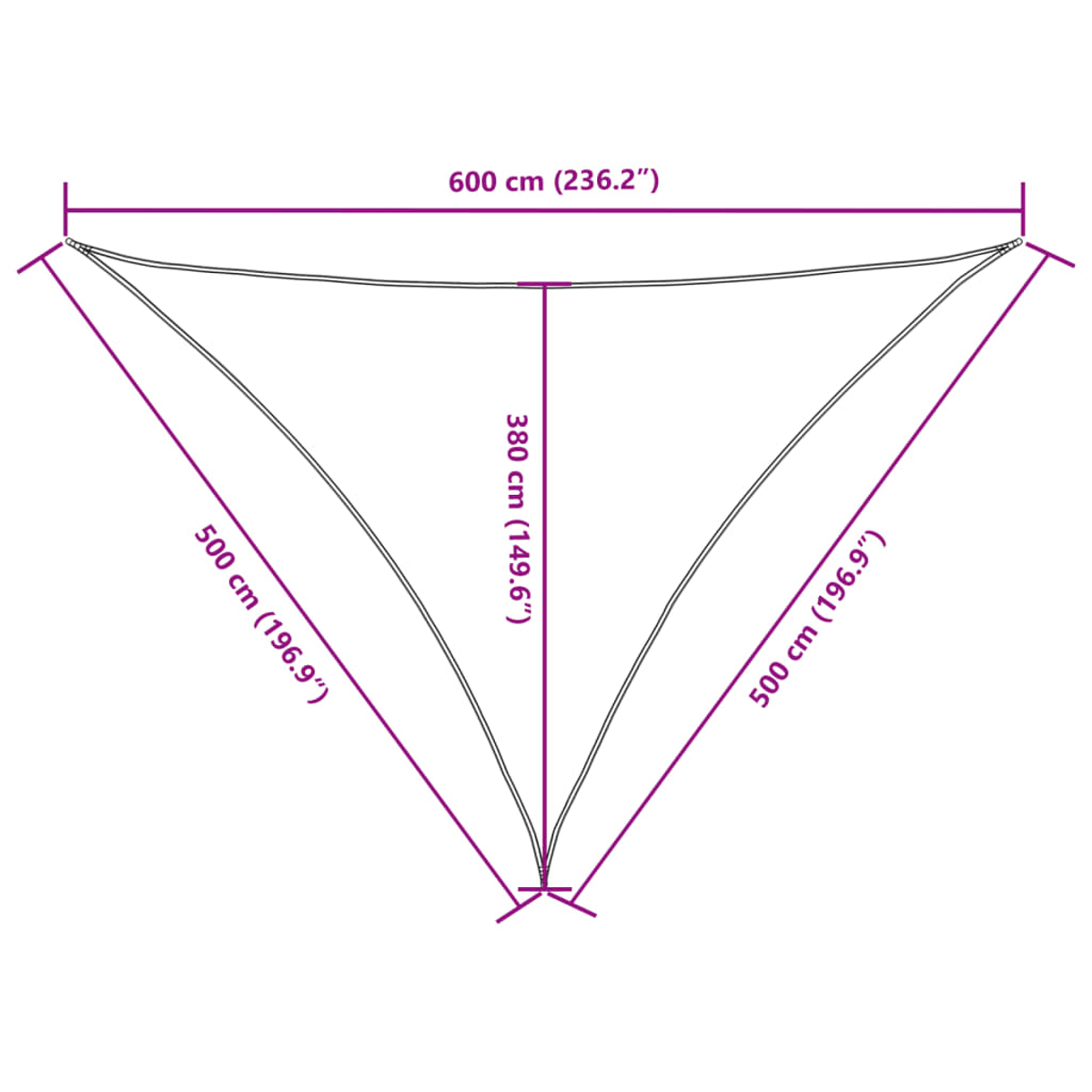 Tenda da sole triangolare con dimensioni: 600 cm larghezza, 380 cm altezza, 500 cm lati.