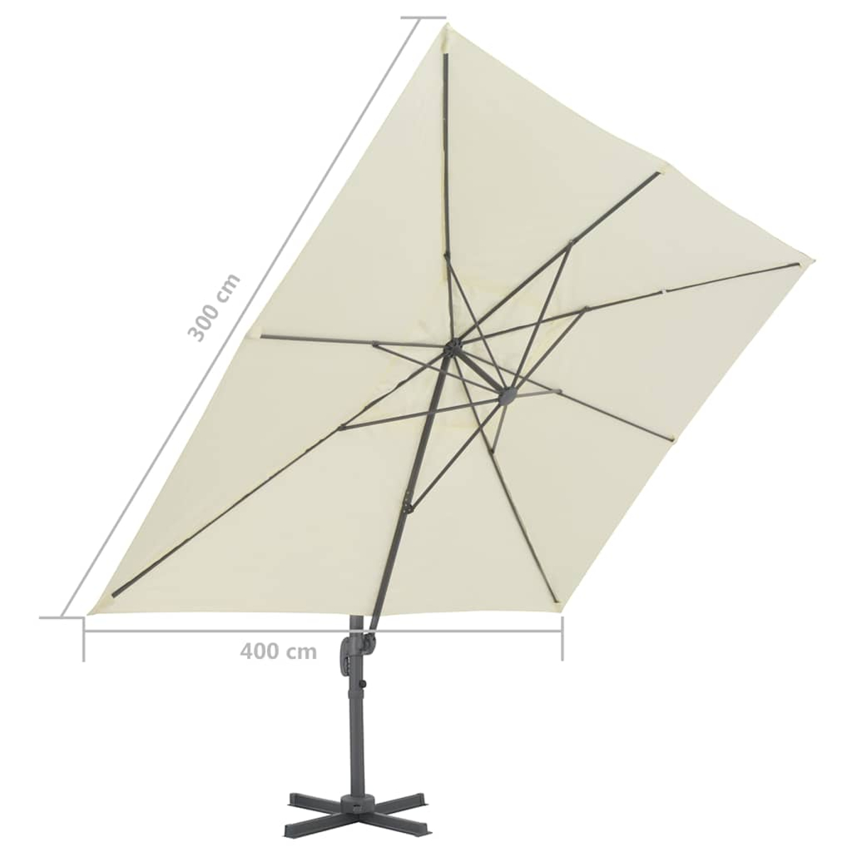 Viene mostrato un grande ombrellone da esterno color crema con dimensioni di 300 cm e 400 cm.