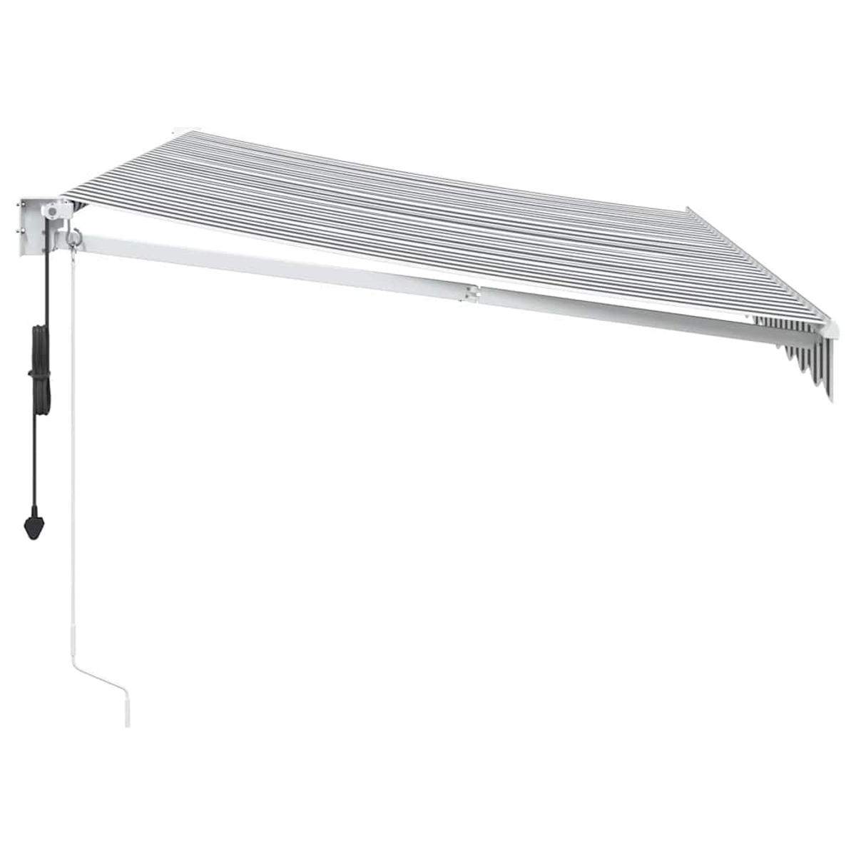Un rullo tenda da sole esteso con telaio bianco e tessuto a strisce.
