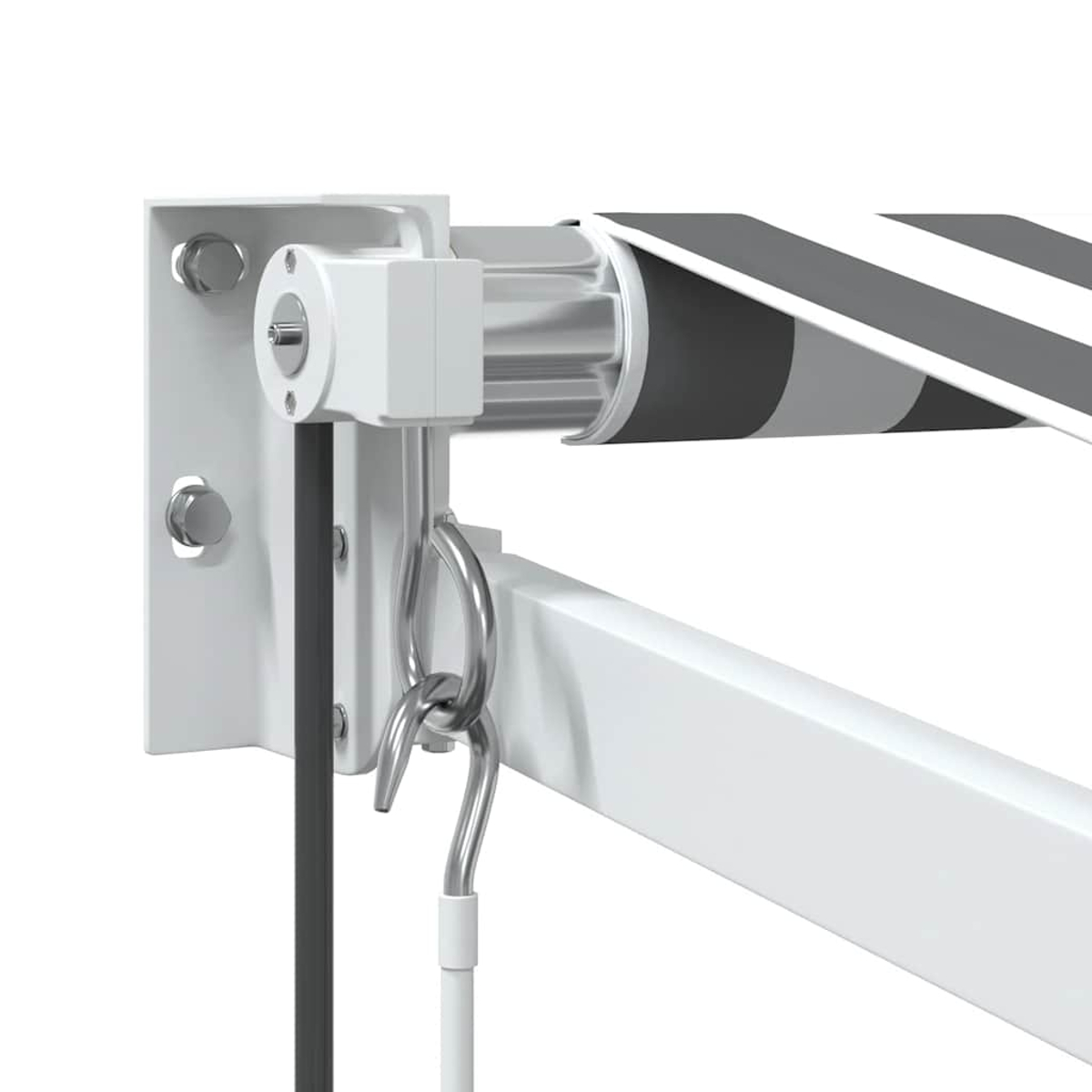 Meccanismo tenda retrattile con alloggiamento bianco e rullo in alluminio.