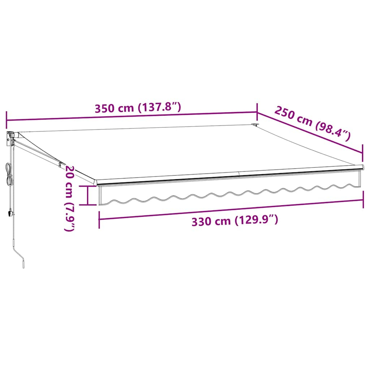 Tendalino dimensioni: 350x250 cm. Altezza 20 cm. Larghezza 330 cm.