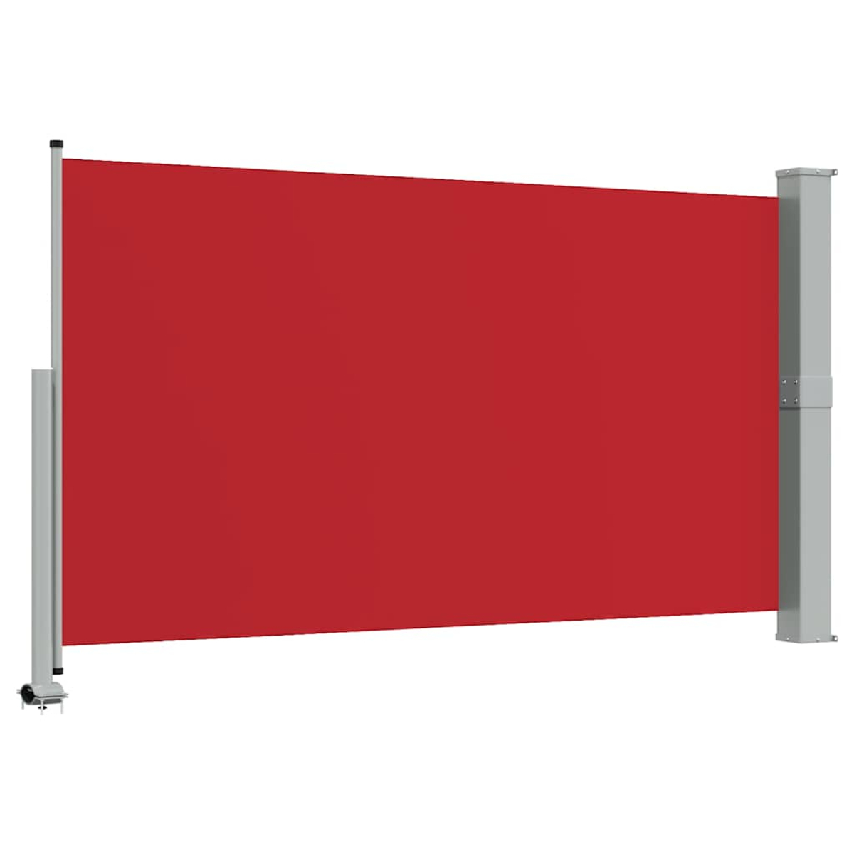 Una tenda da sole rossa su supporti metallici, estesa.