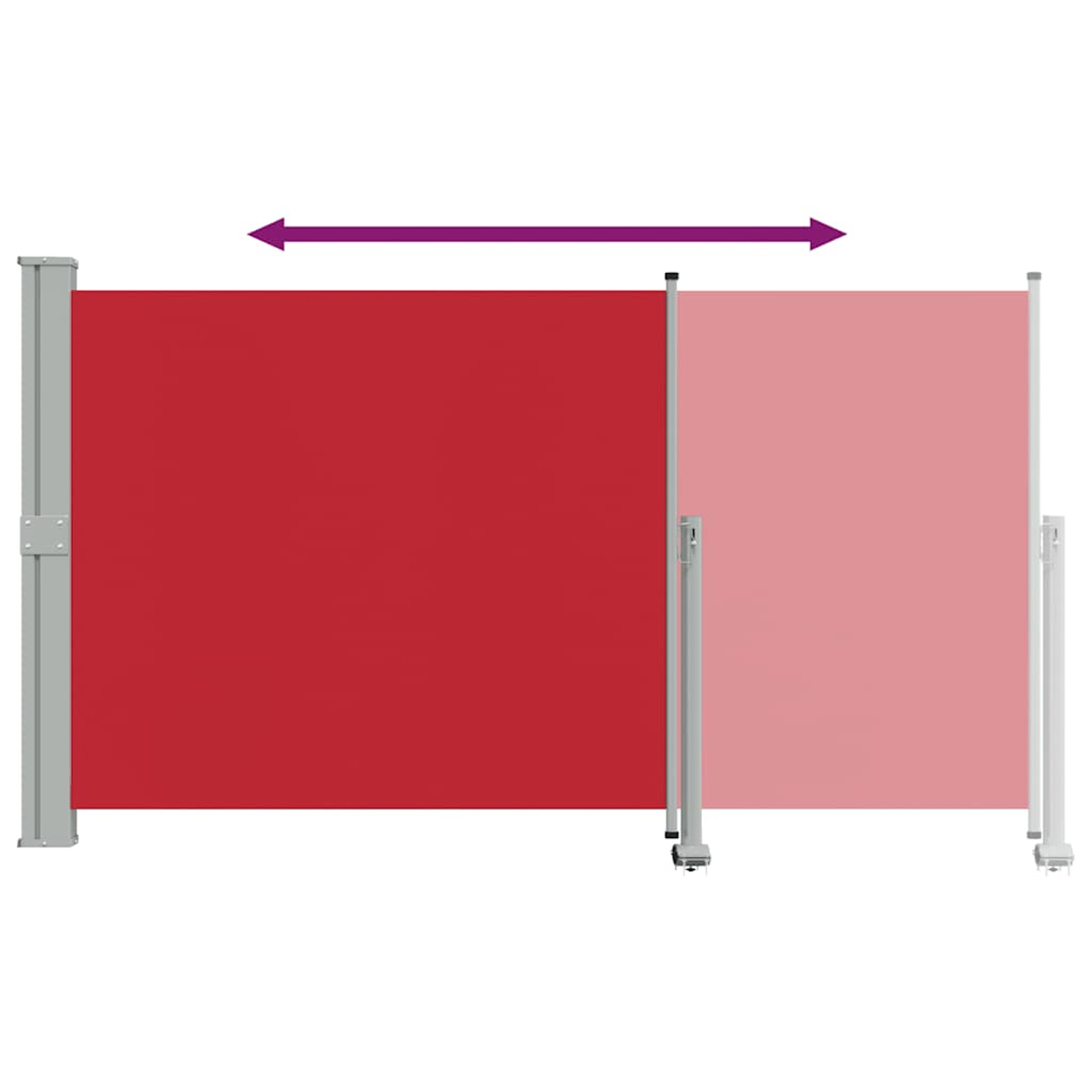 Un paravento retrattile rosso e rosa con freccia indicante la larghezza.