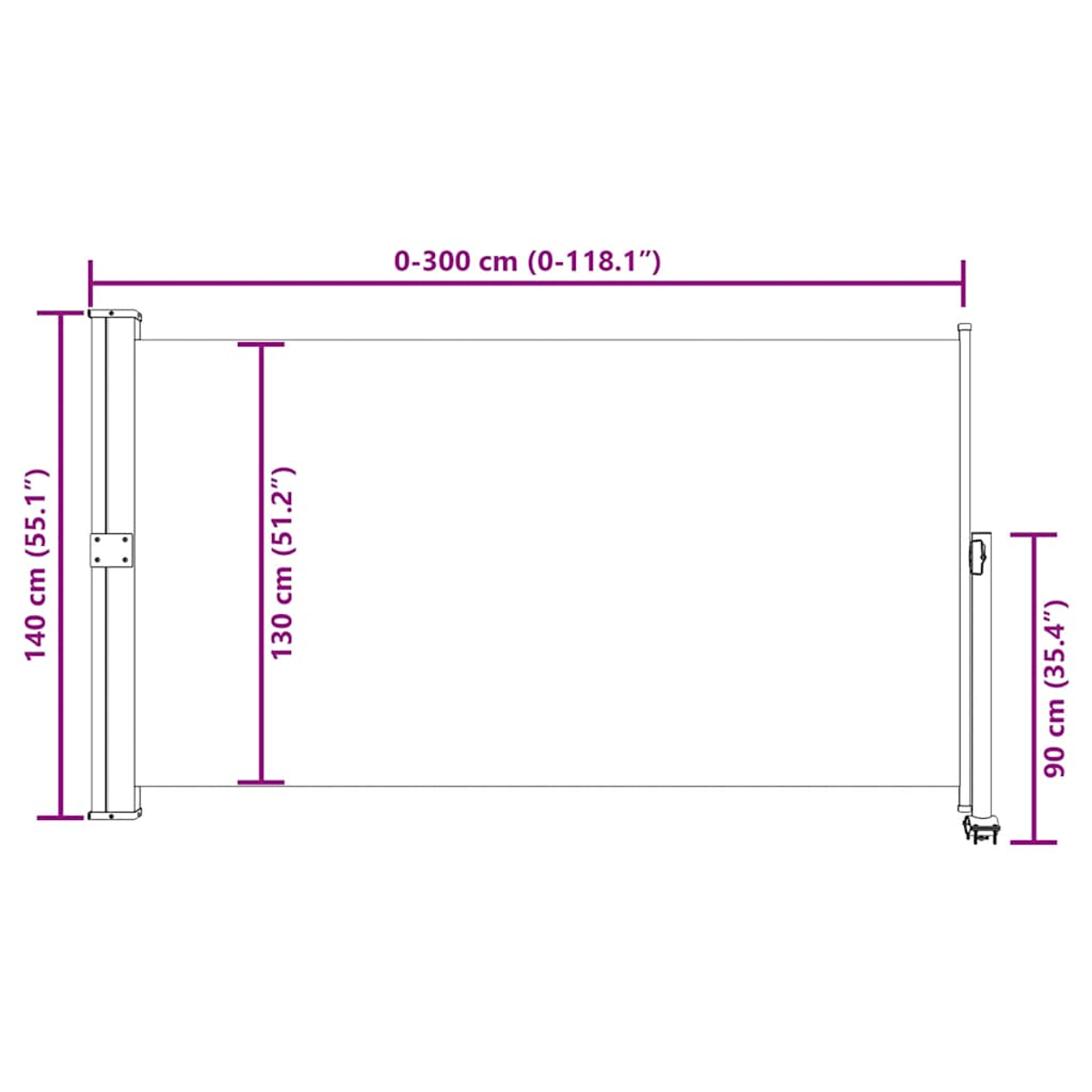 Diagramma di una tenda da sole retrattile con dimensioni: 300cm larghezza, 140cm altezza, 130cm profondità, 90cm caduta.