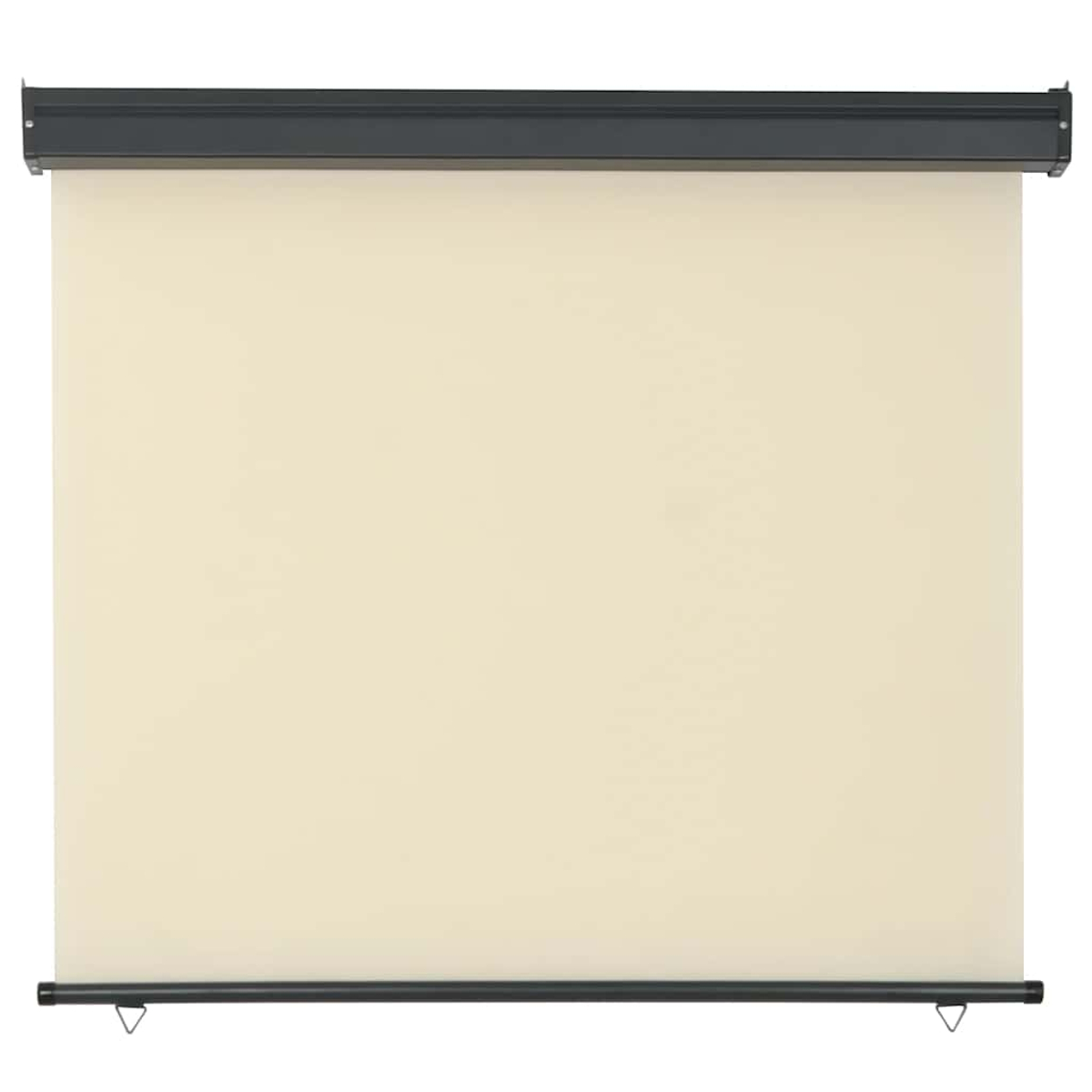 Una tenda a rullo color crema con cornice metallica nera sopra e sotto.