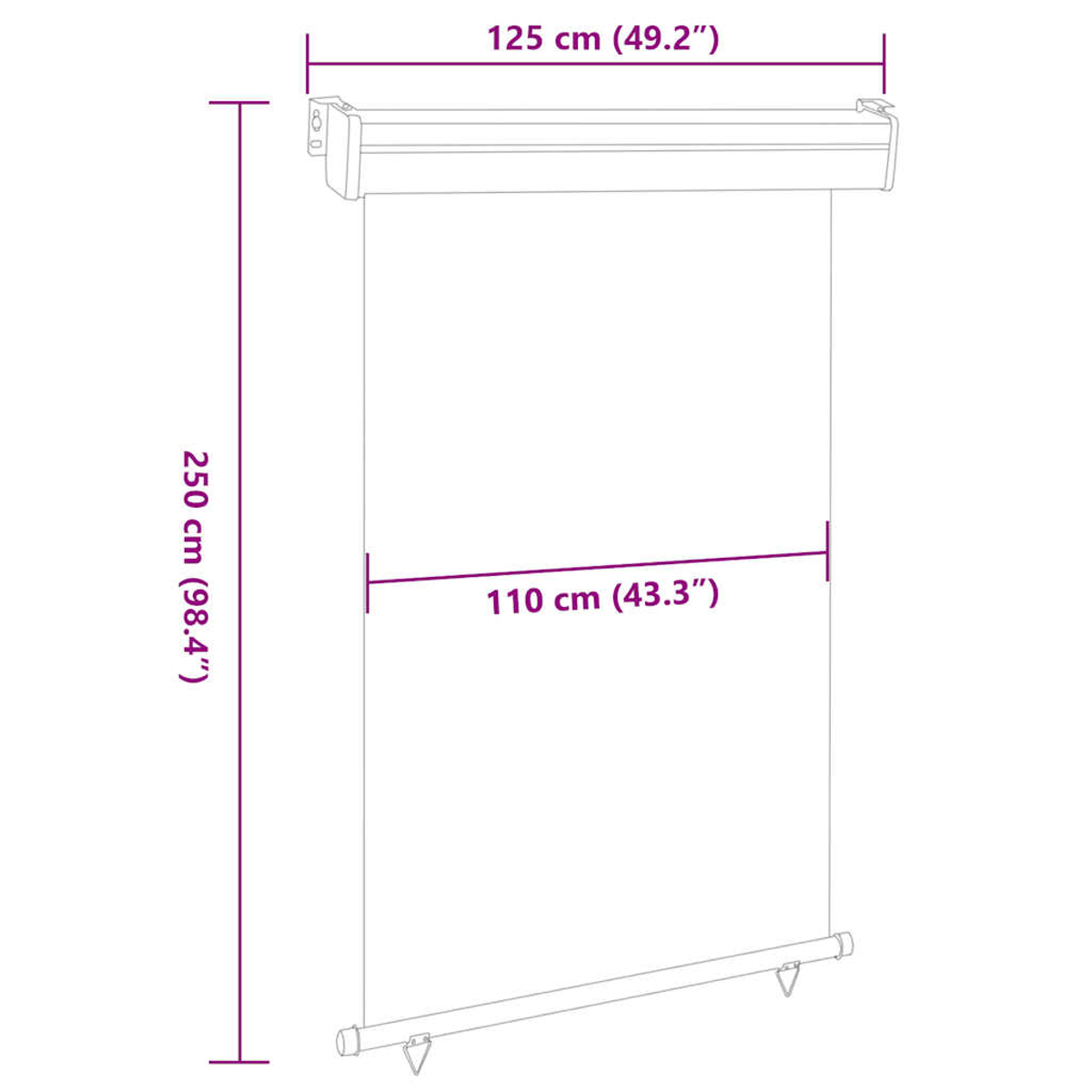Copertura a rullo bianca di dimensioni 125x250 cm e larghezza 110 cm.