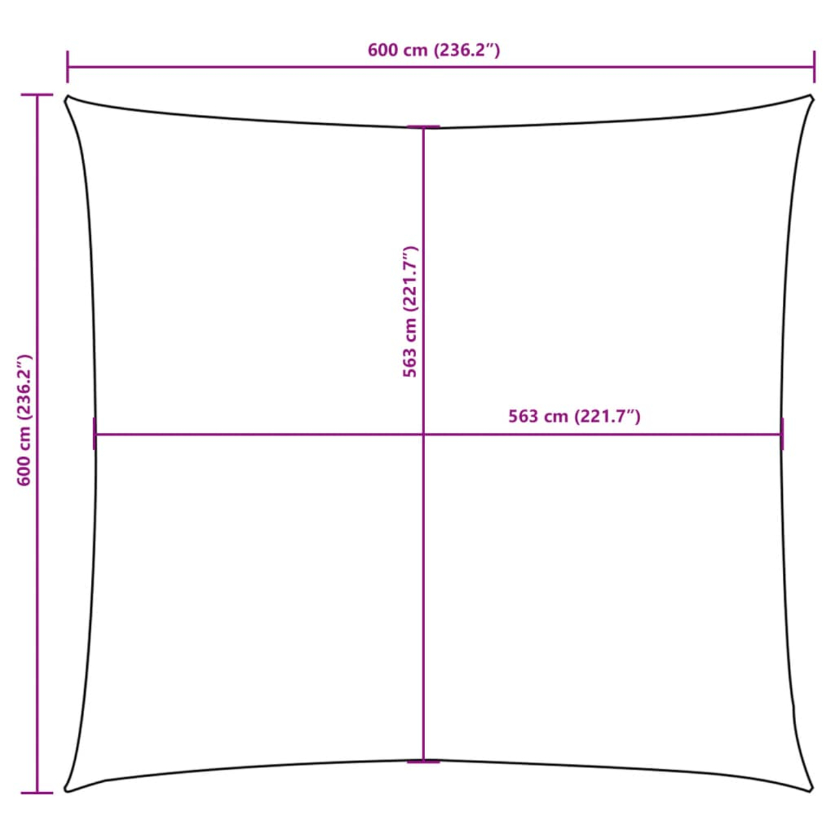 Diagramma di una vela parasole quadrata di dimensioni 600 cm x 600 cm e diagonale 563 cm.