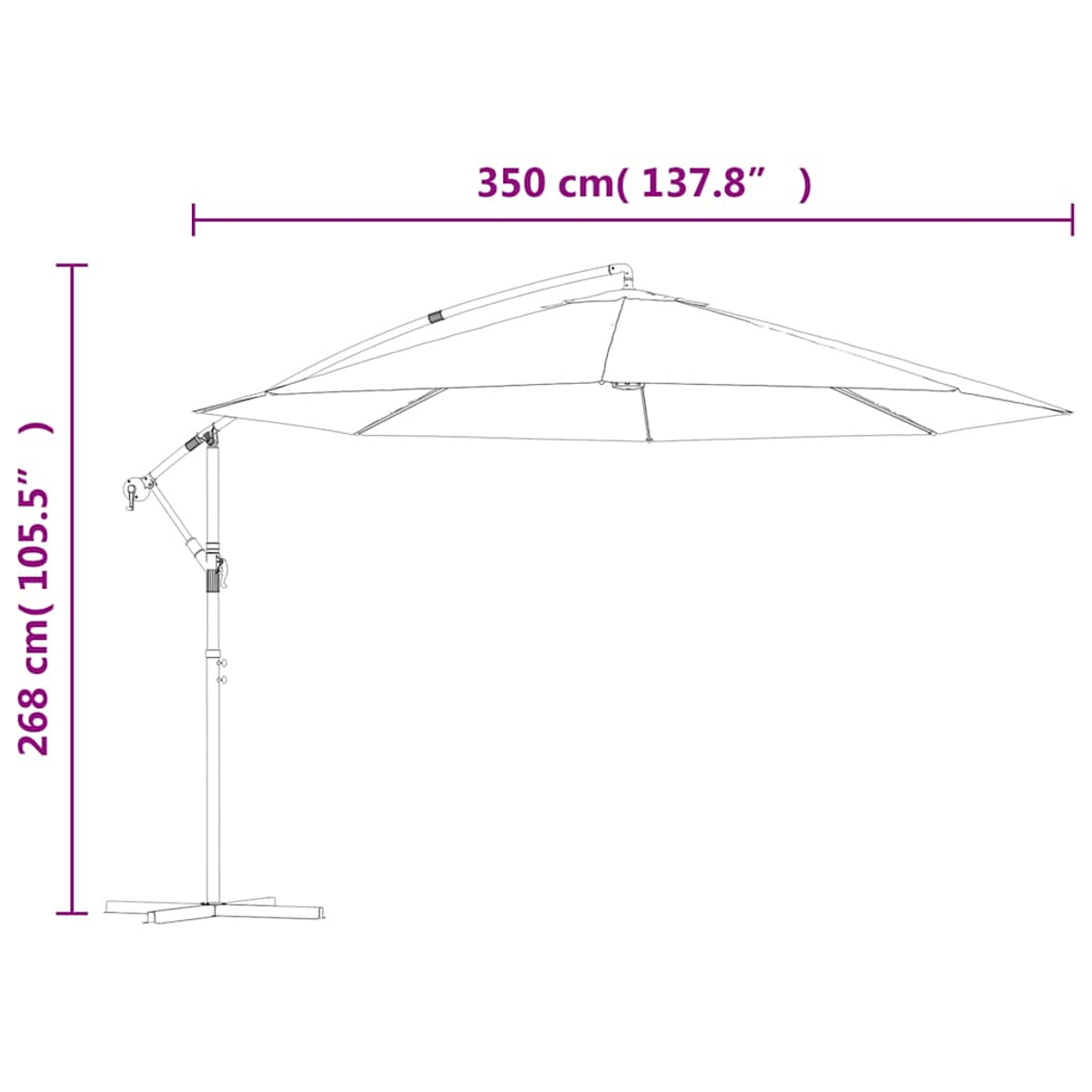 Ombrellone autoportante, 350 cm largo, 268 cm alto, con base a croce.