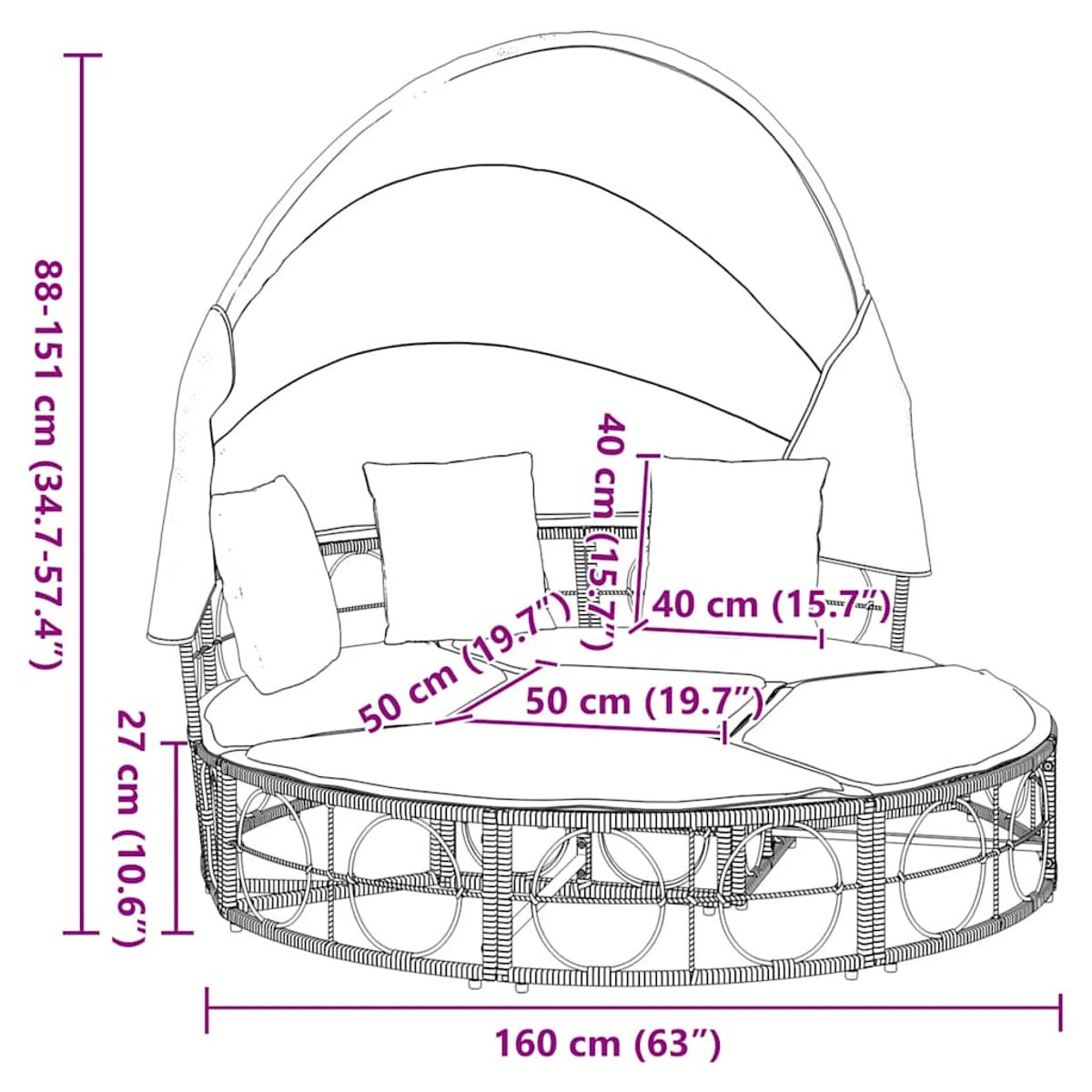 Disegno al tratto di un lettino da esterno rotondo con baldacchino, che mostra le dimensioni.
