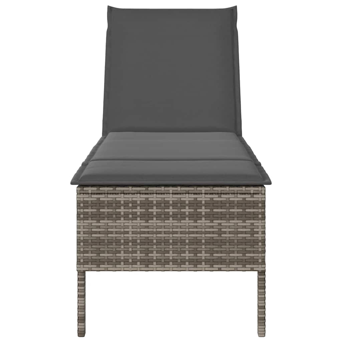 Sdraio in rattan grigio con schienale regolabile e cuscino.