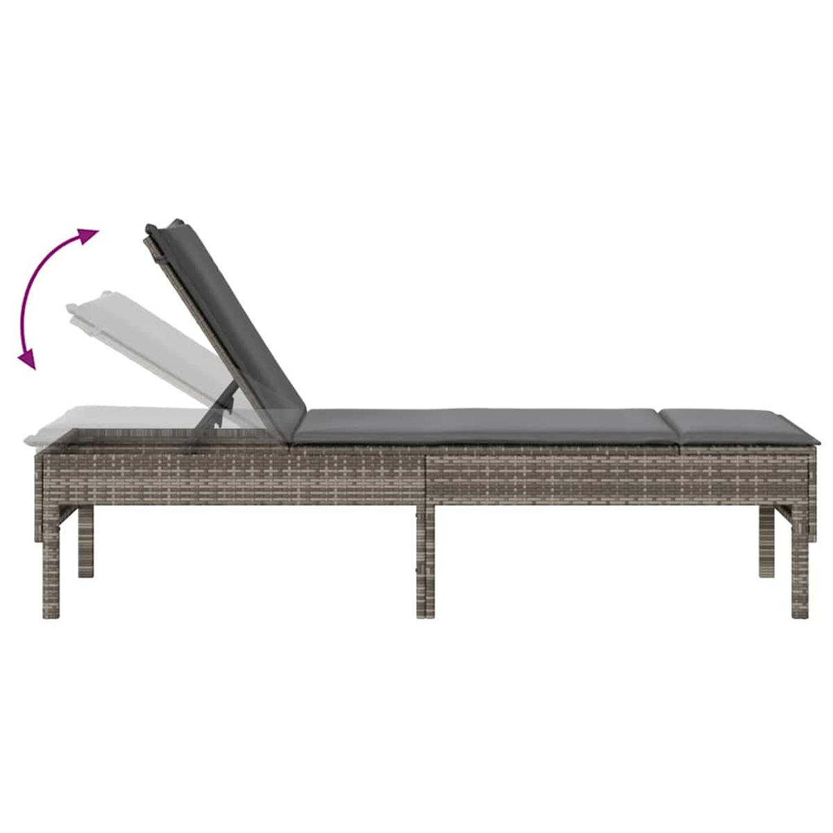 Lettino prendisole in rattan grigio con schienale regolabile, cuscino e gambe.
