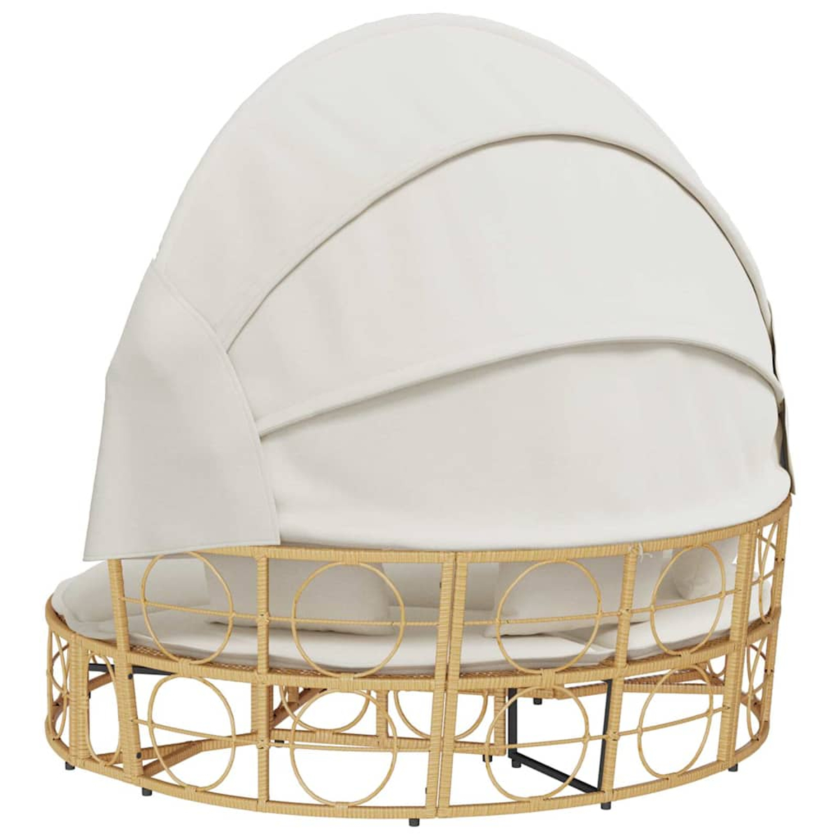 Un lettino prendisole in rattan marrone chiaro con baldacchino e cuscini bianchi.