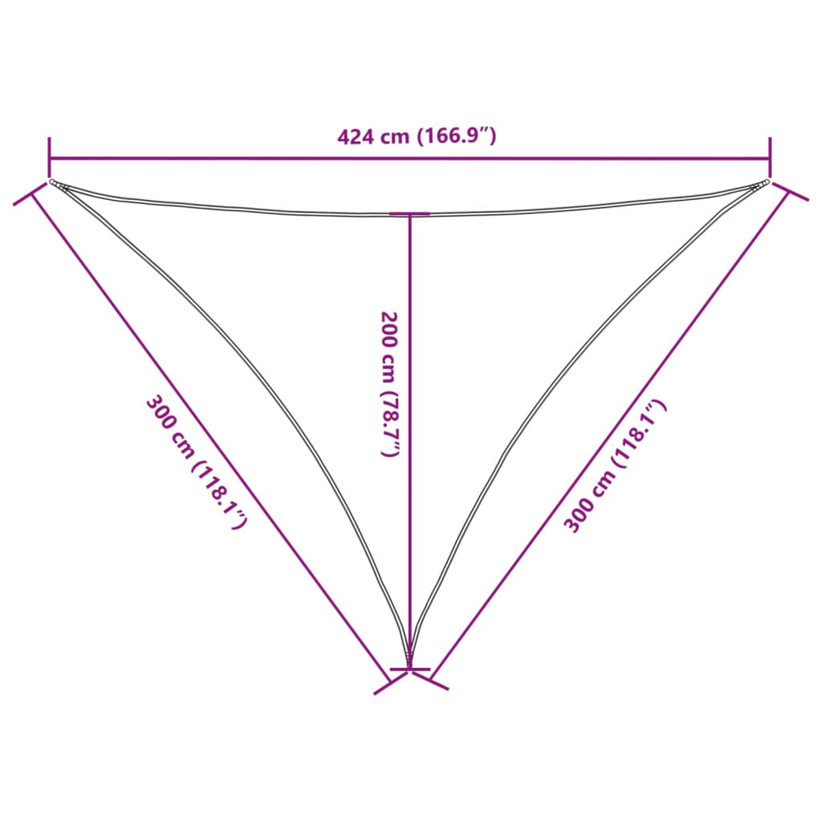 Tenda parasole triangolare con dimensioni: 424 cm larghi, 200 cm profondi, 300 cm lati.
