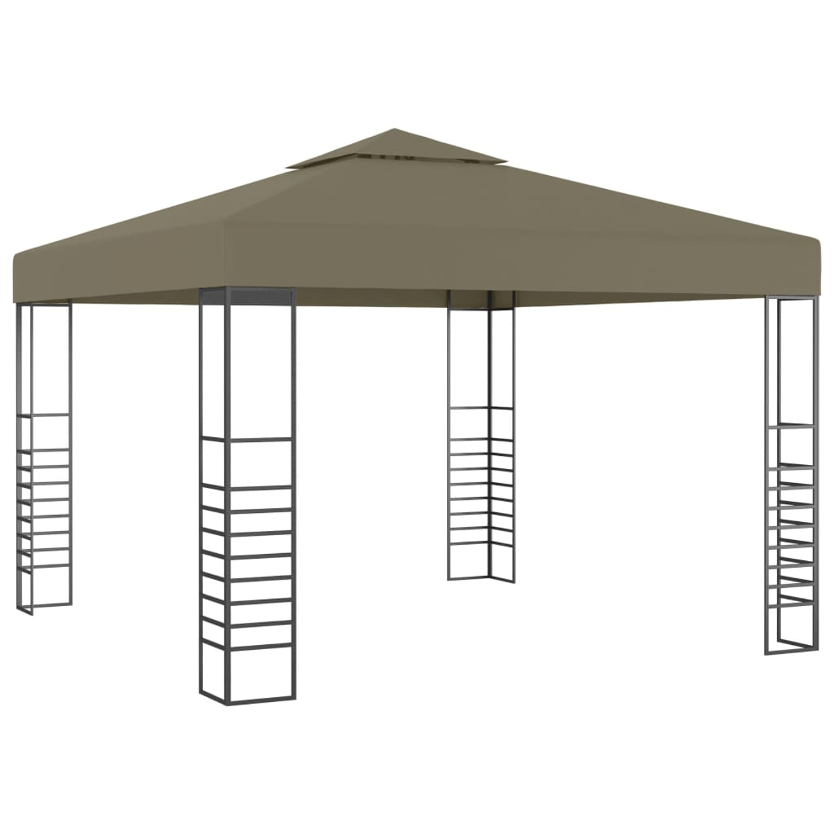 Una tettoia per gazebo marrone con telaio in metallo nero e quattro pali.