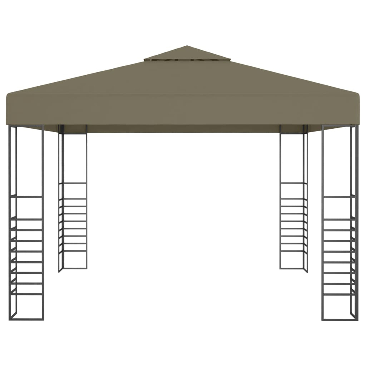 Una tettoia per gazebo marrone con telaio in metallo nero e quattro gambe.