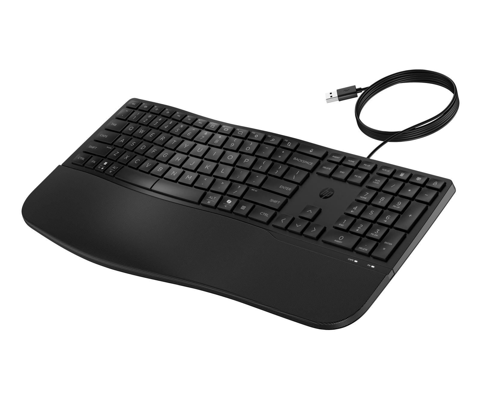 Una tastiera HP nera con cavo USB, con poggiapolsi testurizzato.