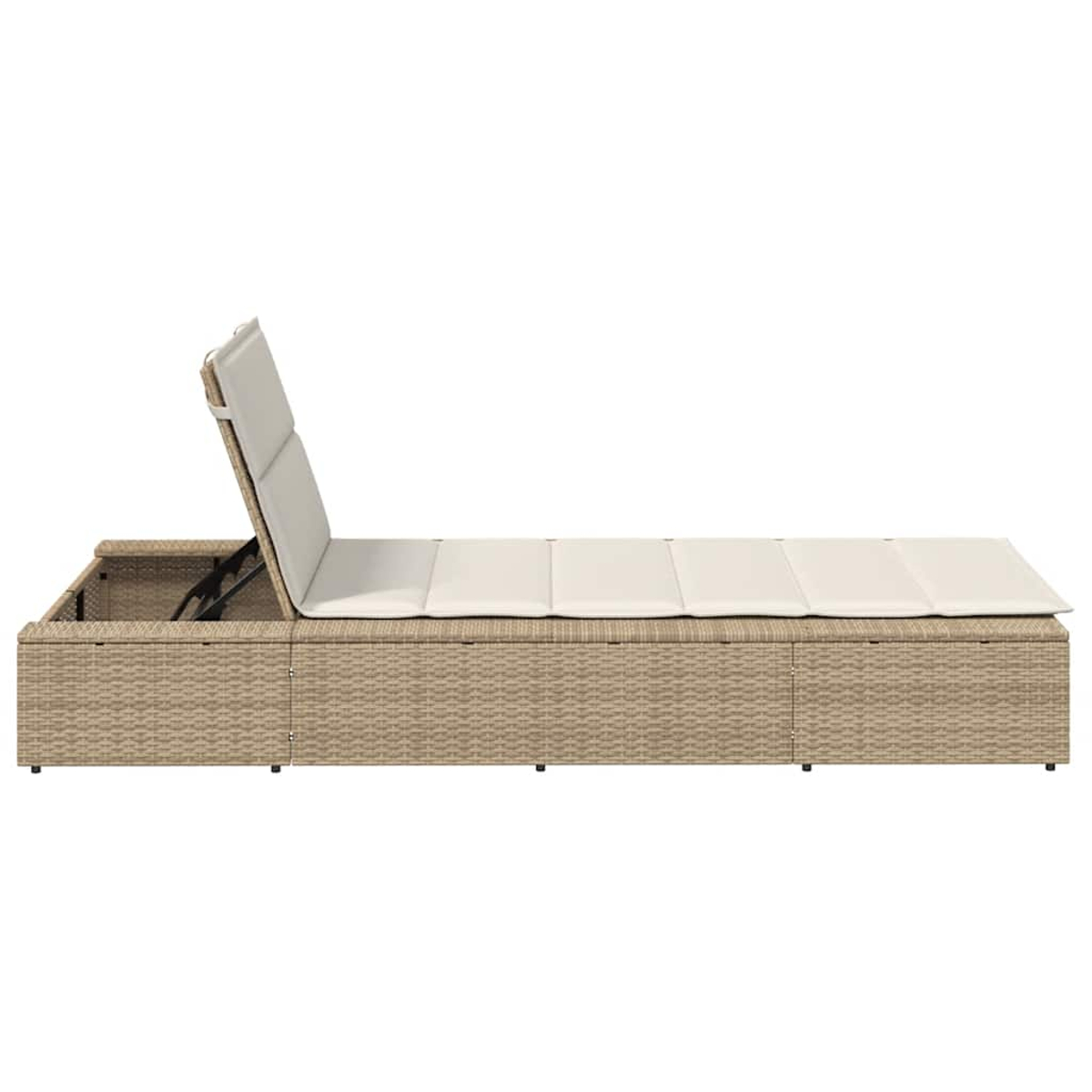 Divano in rattan marrone con schienale regolabile e cuscino bianco, con contenitore.