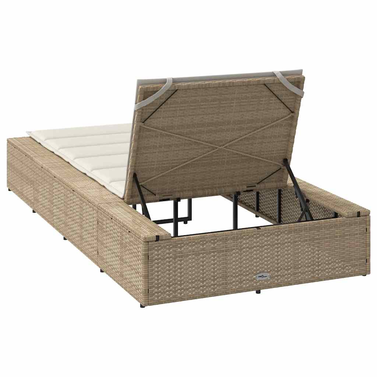 Divano in rattan marrone con coperchio aperto e cuscino color crema.