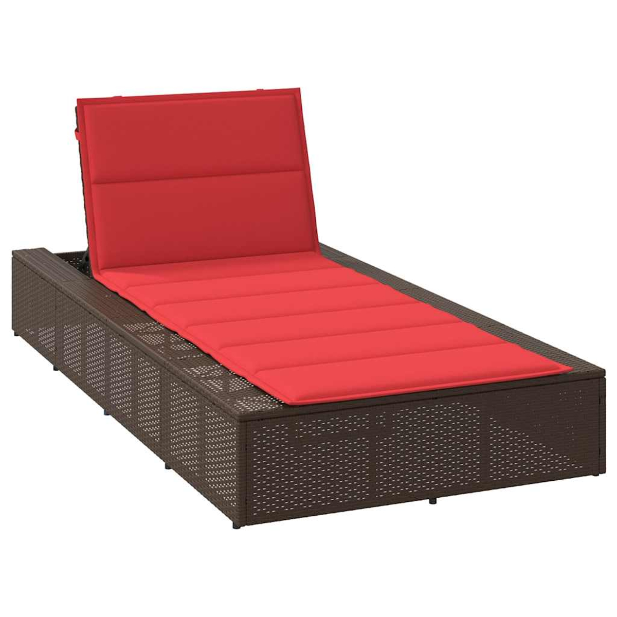 Carrello in rattan marrone con schienale regolabile e cuscino rosso.