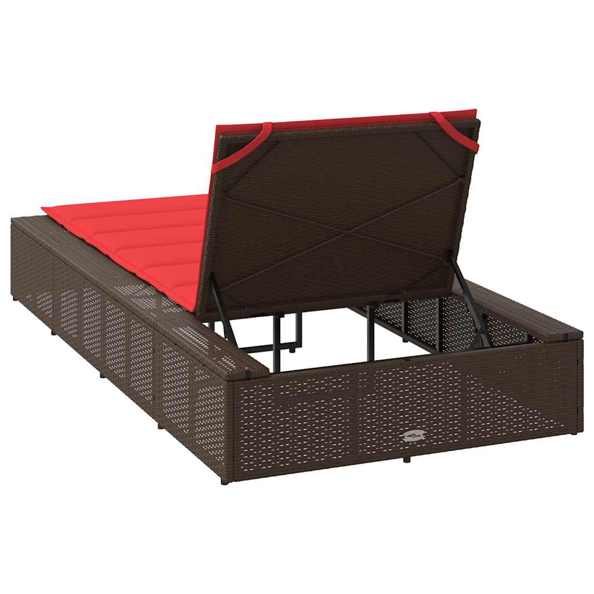 Divano in rattan marrone con cuscino rosso, aperto per riporre.