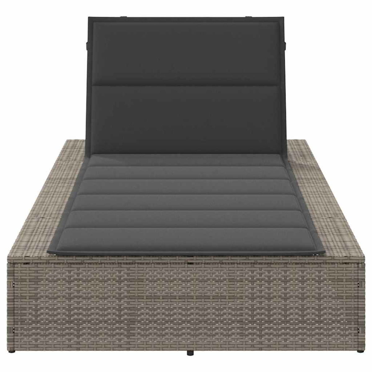 Grauer Rattan-Liegestuhl mit verstellbarem Kopfteil und Polsterung.
